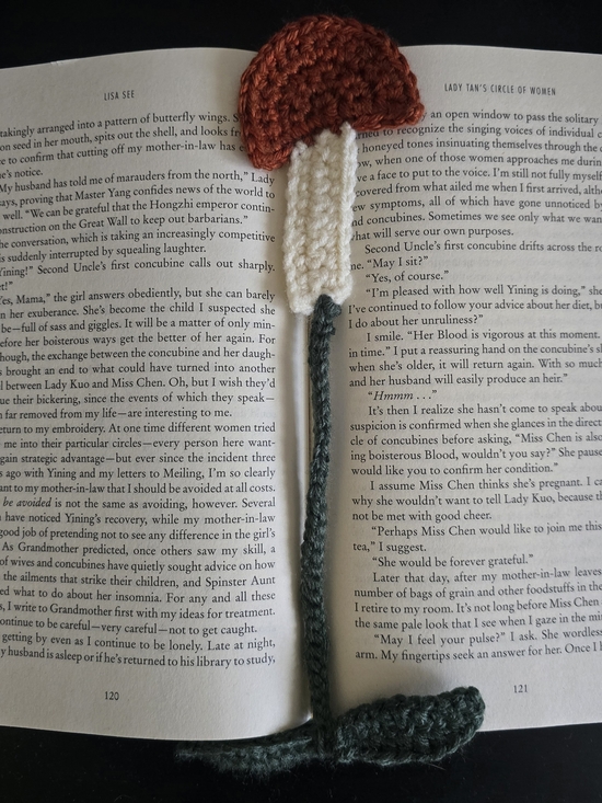 Handmade Other - Handmade Crochet Mushroom Bookmark — Rust Cap, Cream Stem, Green Cord